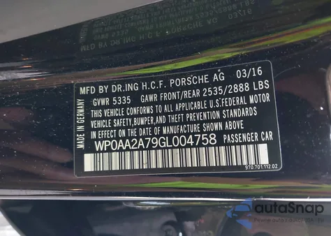 2016 Porsche Panamera 4 из США, поврежденный, VIN WP0AA2A79GL004758